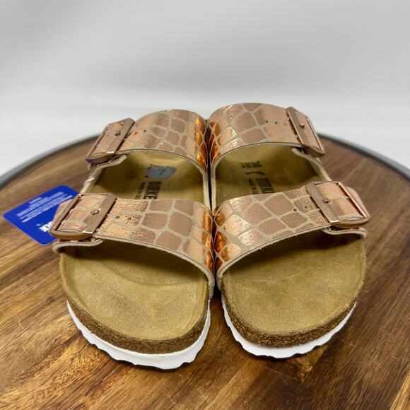 Birkentstock Arizona Gator Gleam Copper Slides Narrow Size EU 38/US Women's 7 - Picture 2 of 7